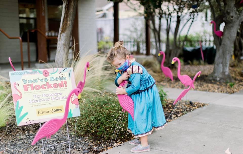 Young girl hugging a pink plastic yard flamingo.